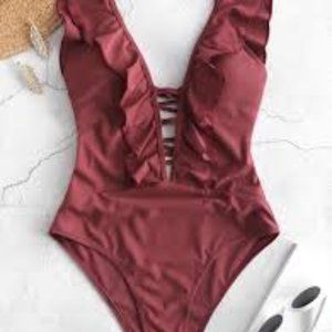 Zaful Red Criss Cross Ruffle One Piece